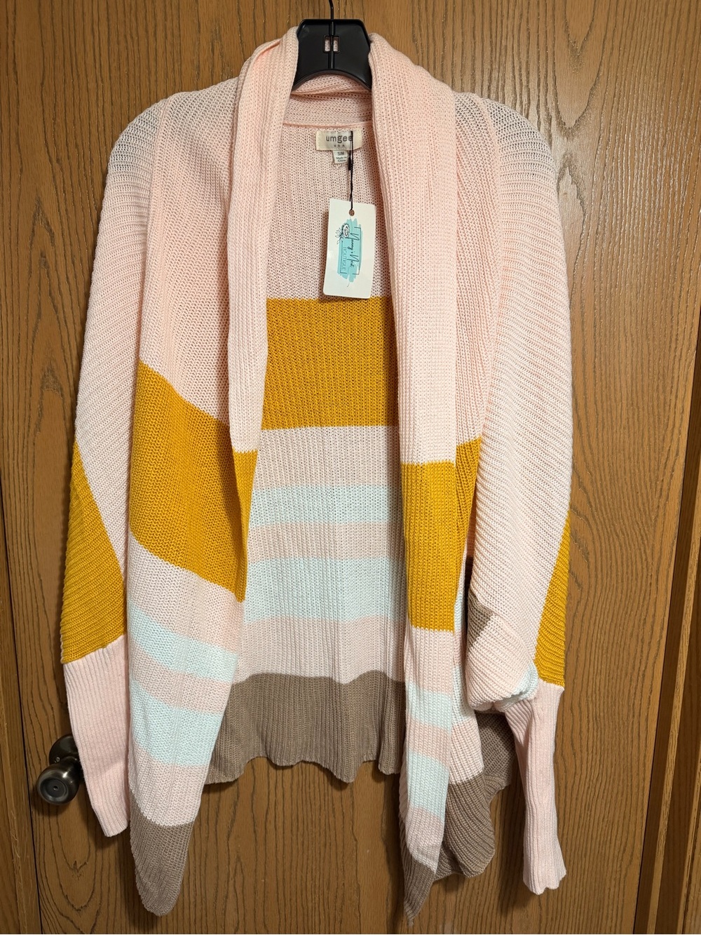 Umgee Pink Mustard and Cream Colorblock Open-Front Cardigan